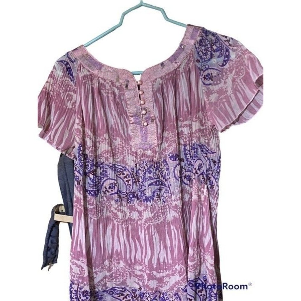Zoteno Womens Sheer Top M/L High Low Short Sleeves Ruffles Buttons Sequins Pink